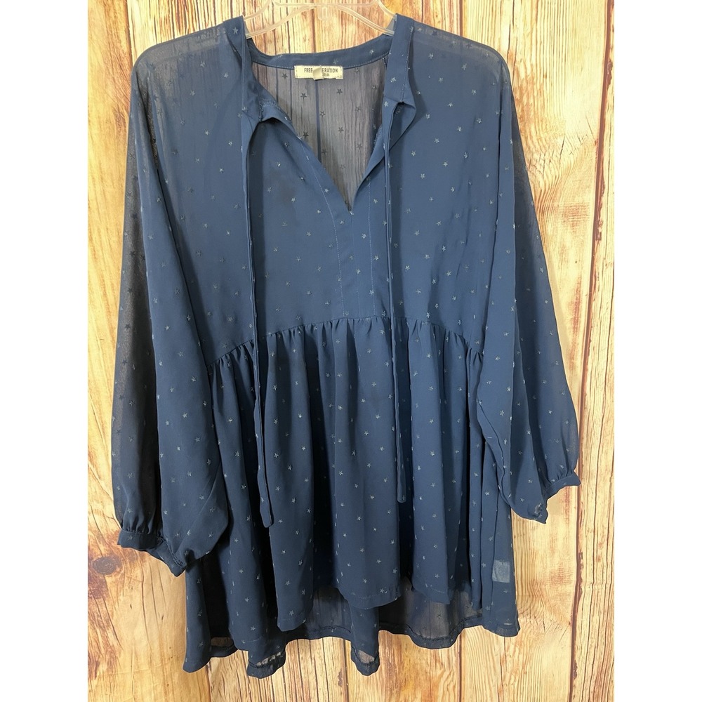 Free Generation Women's Size M Star Pattern Chiffon Semi Sheer Navy Blue Blouse